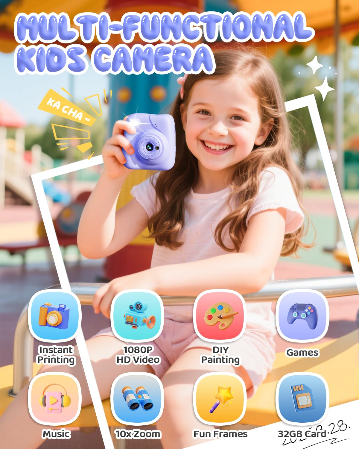 CAMCLID Macchina Fotografica Bambini Istantanea, 1080P HD Macchina Fotografica Istantanea 48MP con Scheda da 32 GB e 3 Rotoli di Carta da Stampa, Regalo per Ragazze Ragazzi da 3-12