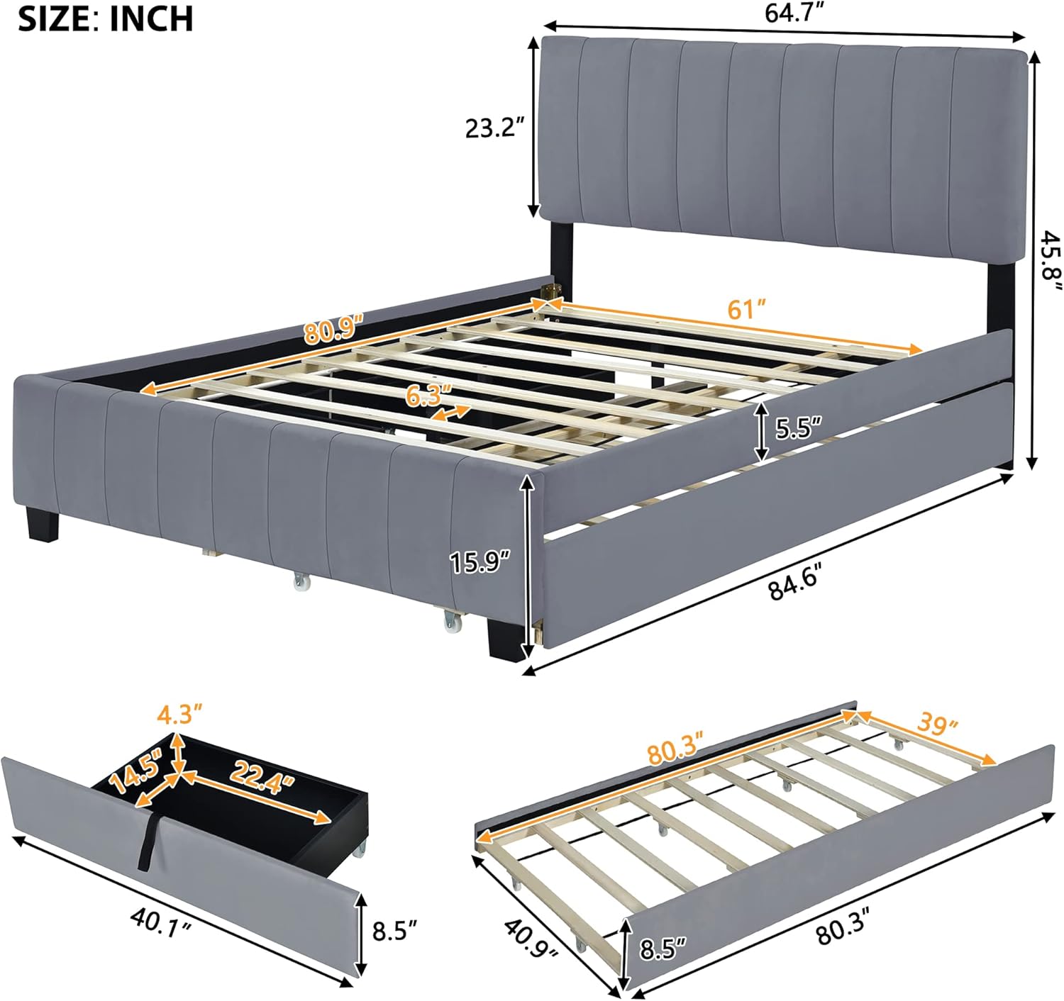 Harper & Bright Designs Queen Size Upholstered Bed with 1 Twin XL Trundle and 2 Storage Drawers, Velvet Platform Bed Wood Frame, No Box Spring Needed (Gray)