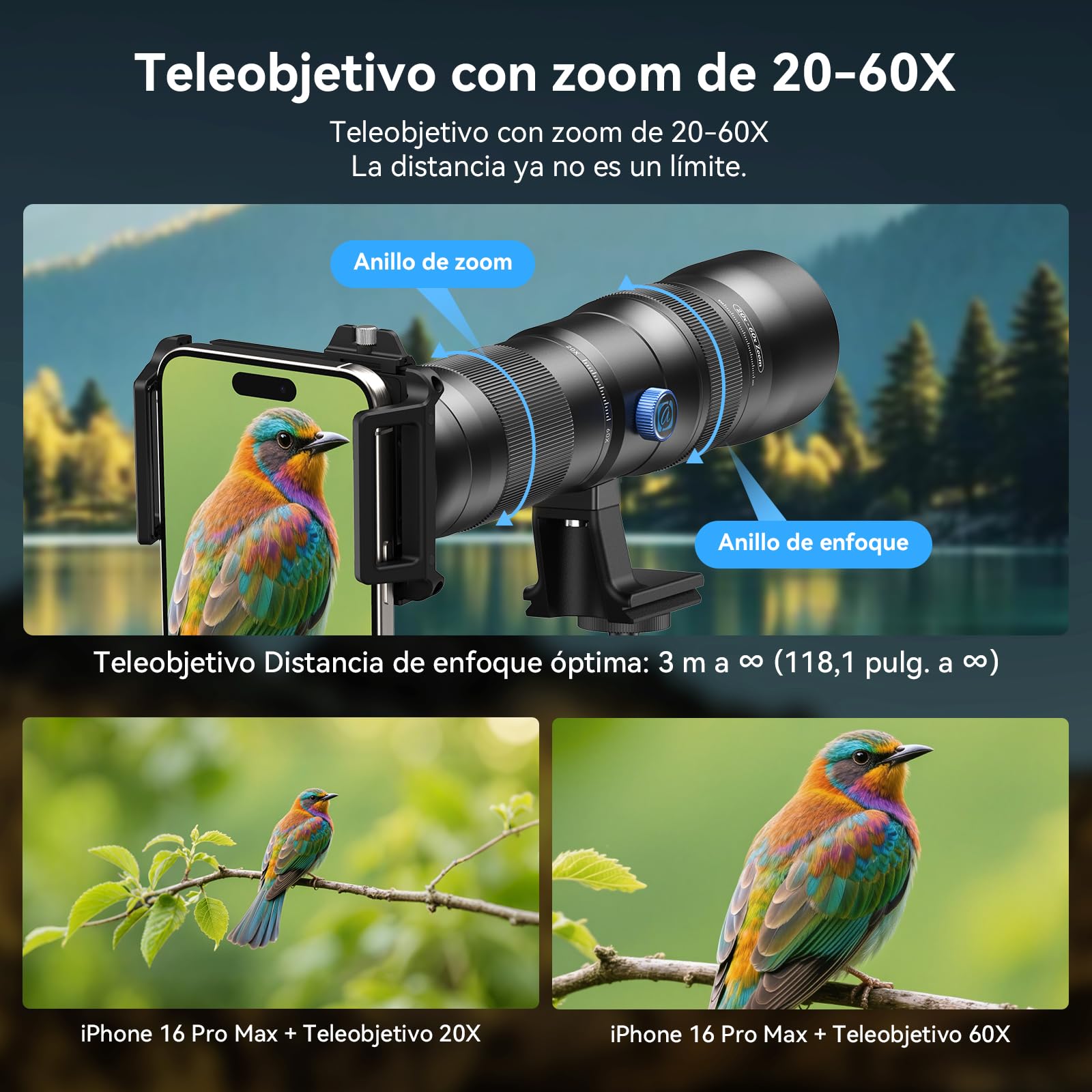 Teleobjetivo con Zoom 20-60X para Teléfonos Inteligentes, Teleobjetivo HD con Soporte para Trípode & Abrazadera Universal para Teléfono, iPhone 16/15/14/13 Series, Samsung & Android