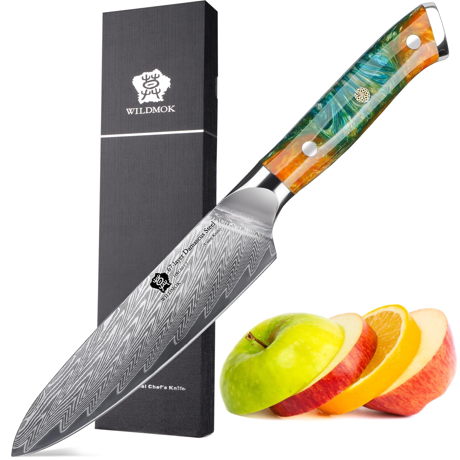 WILDMOK Cuchillo de cocina – Cuchillo multiusos para pelar cubitos, 5.0 in Damasco 67 capas de acero Damasco VG10, mango de resina profesional ultra afilado fuerte