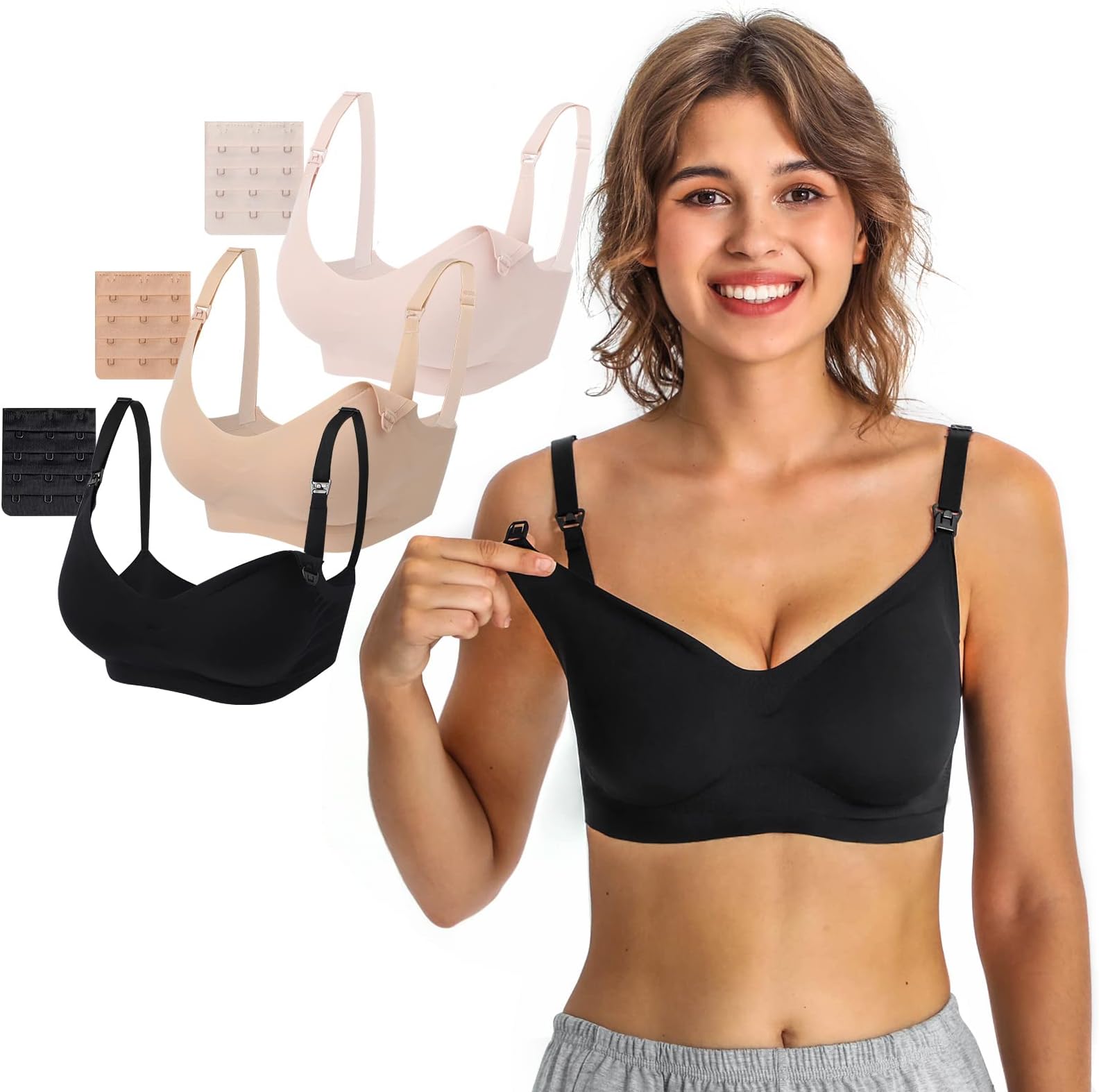Miss Fong Wear Nursing Bras for Breastfeeding Maternity Bra Push Up Deep V Neck Seamless Clip Down Including Bra Extenders