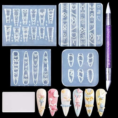 Laza 4pcs Cream Chain Silicone Nail Art Molds Multiple Rabbit Nail Molds | Reusable Nail Molds for Nail Art,Good Elasticity,3D Nail Mold, Embossed Cream Chain Bowknot Rabbit Molds with Scraper & Pen