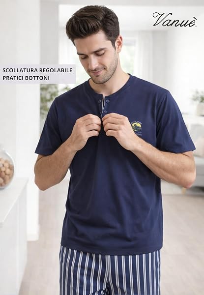 Intimitaly Vanuè - Pigiama Corto Uomo Estivo, Cotone Leggero, Maglia e Pantalone, Comfort-Fit, Traspirante - 3