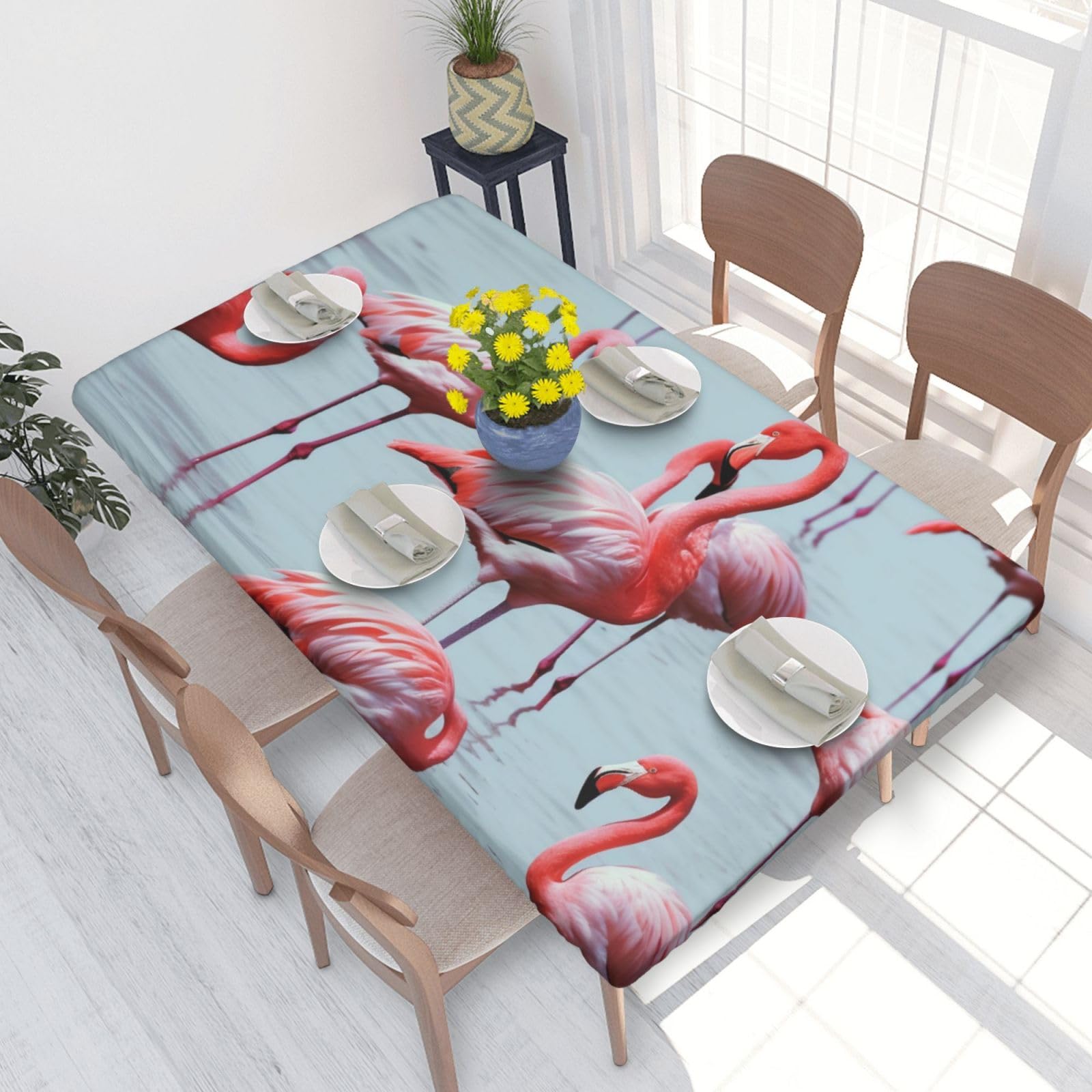 DCARSETCV beautiful funny Flamingos Printed 4FT Waterproof Tablecloth with Elastic Edged Protect & Decor Your Table, Oil-proof Washable Table Cloth Cover for Dinner Picnic Party