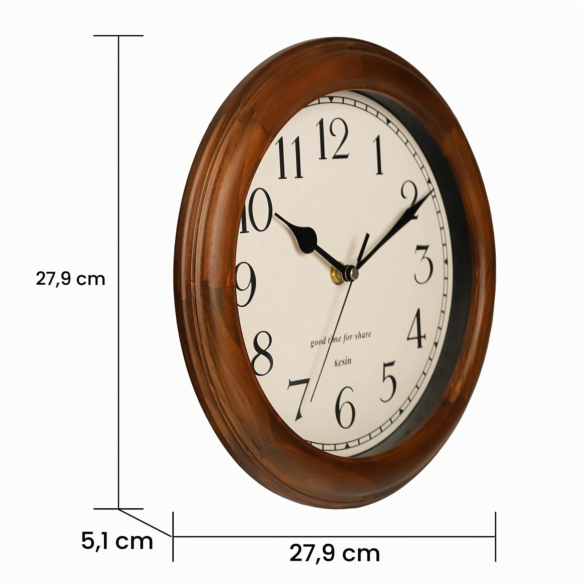 Wanduhr aus Holz mit Retro-Design, 27,9 cm, runde Wanduhr, batteriebetrieben, geräuschlos, Nicht tickend, große arabische Ziffern, für Küche, Wohnzimmer, Klassenzimmer, Fitnessstudio und Pool, Braun