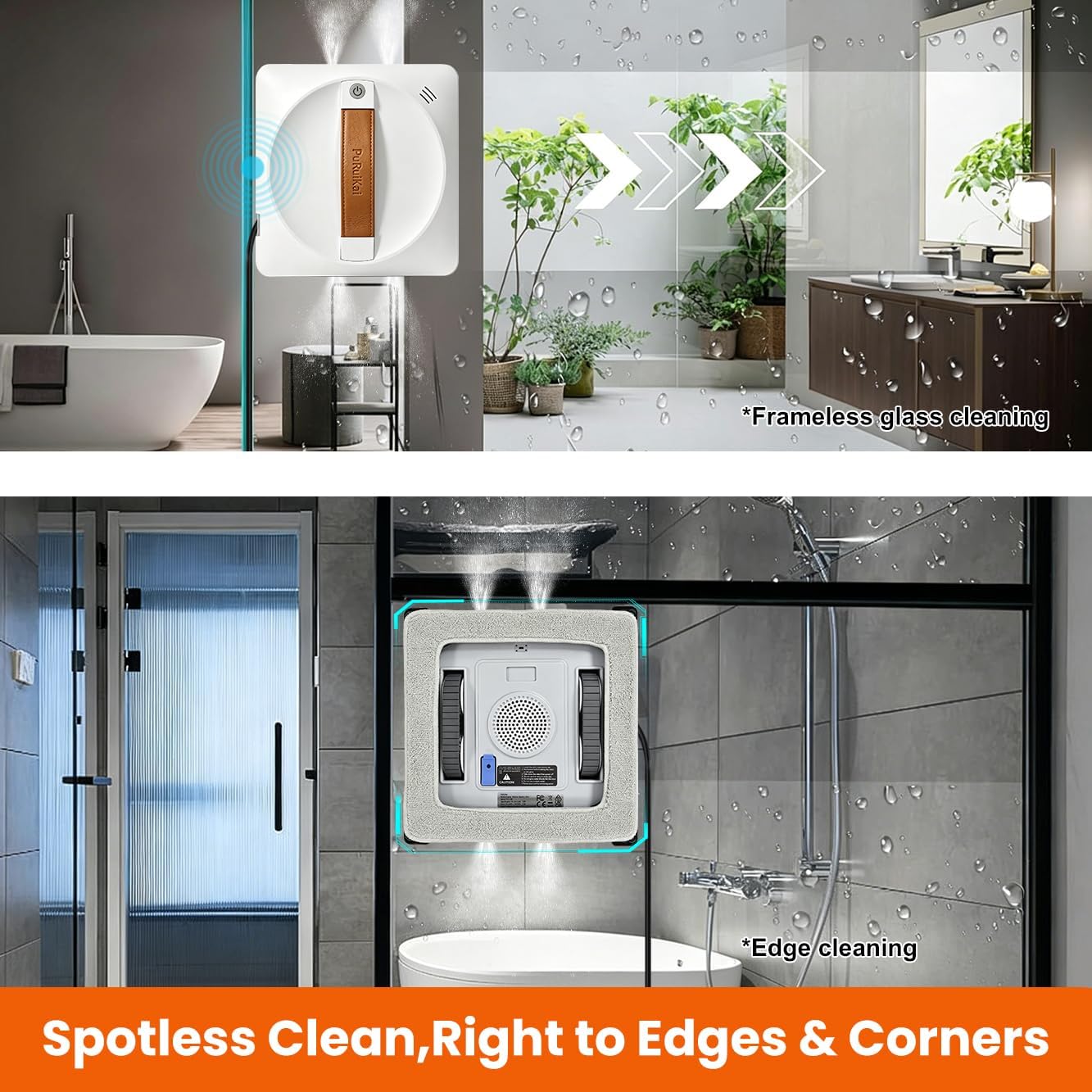 The PuRuiKai PRK-28B robot cleaning a frameless glass shower door and an edge of a window, demonstrating its ability to clean spotless right to edges and corners.