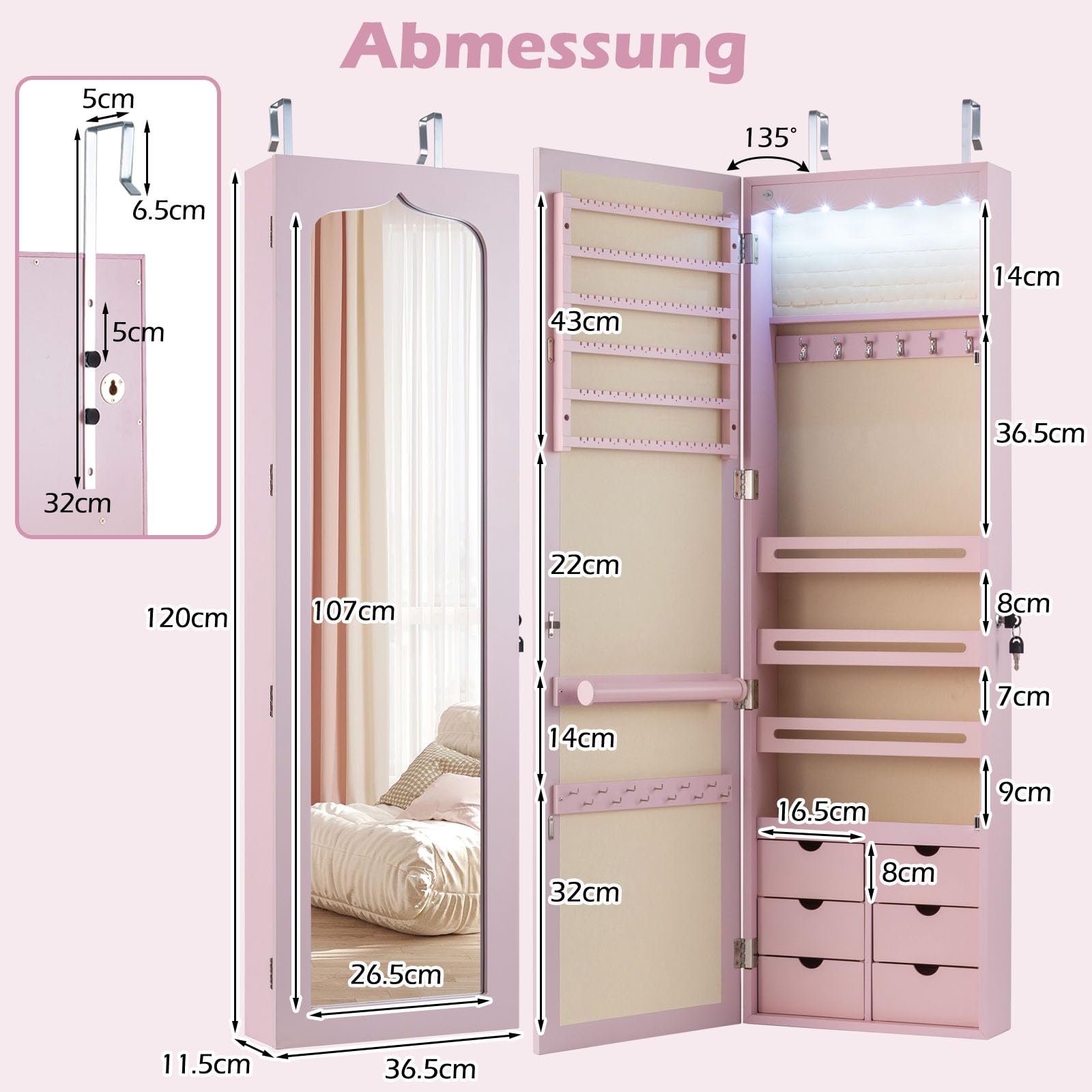COSTWAY Schmuckschrank mit LED Beleuchtung, 6 Schubladen und Spiegel, Sipegelschrank hängend, Hängeschrank für Tür und Wandmontage, abschließbar (Rosa)