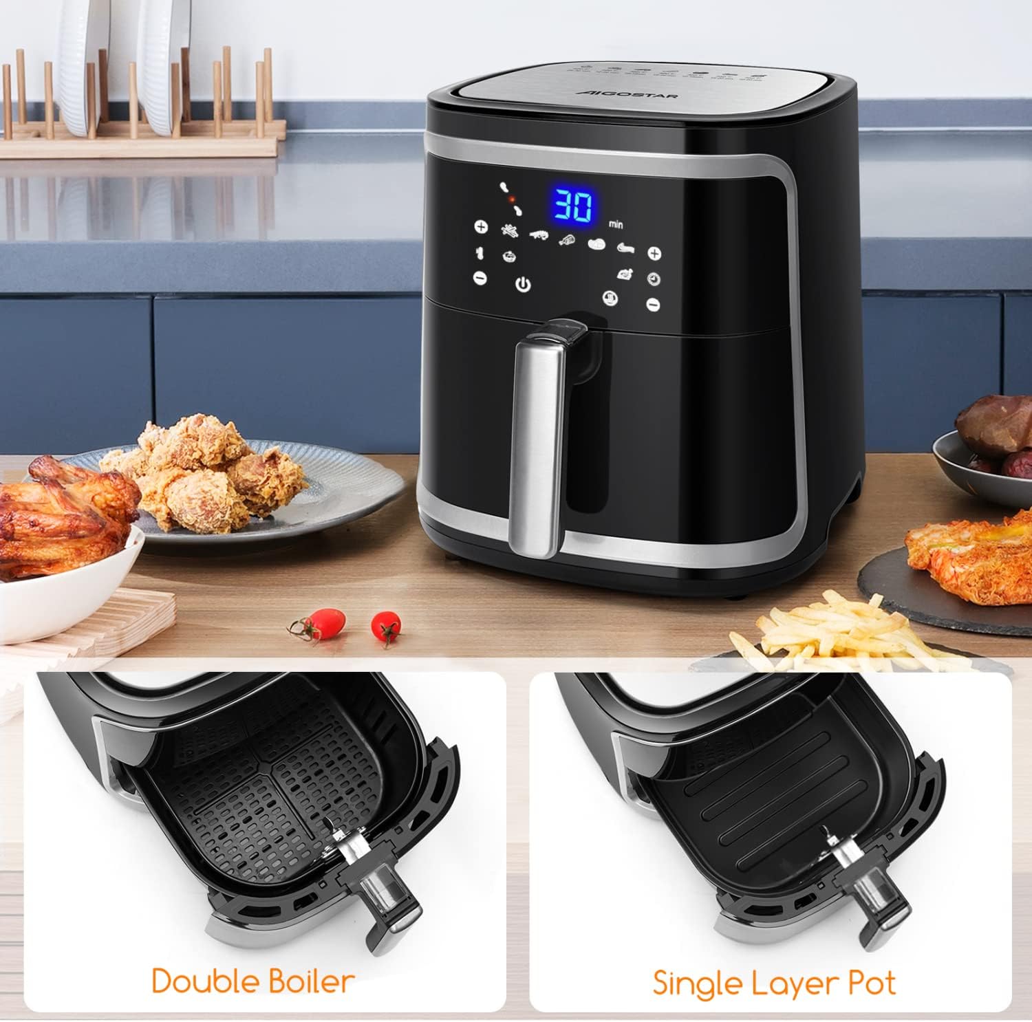 Aigostar Cube 30IBT - Friggitrice ad Aria 5-in-1, 1900W, 7L, Pannello touch a led, 7 Scelte già programmate, Forno, Arrostire, Cestello removibile anti aderente, Mantenimento calore, 20- Ricette
