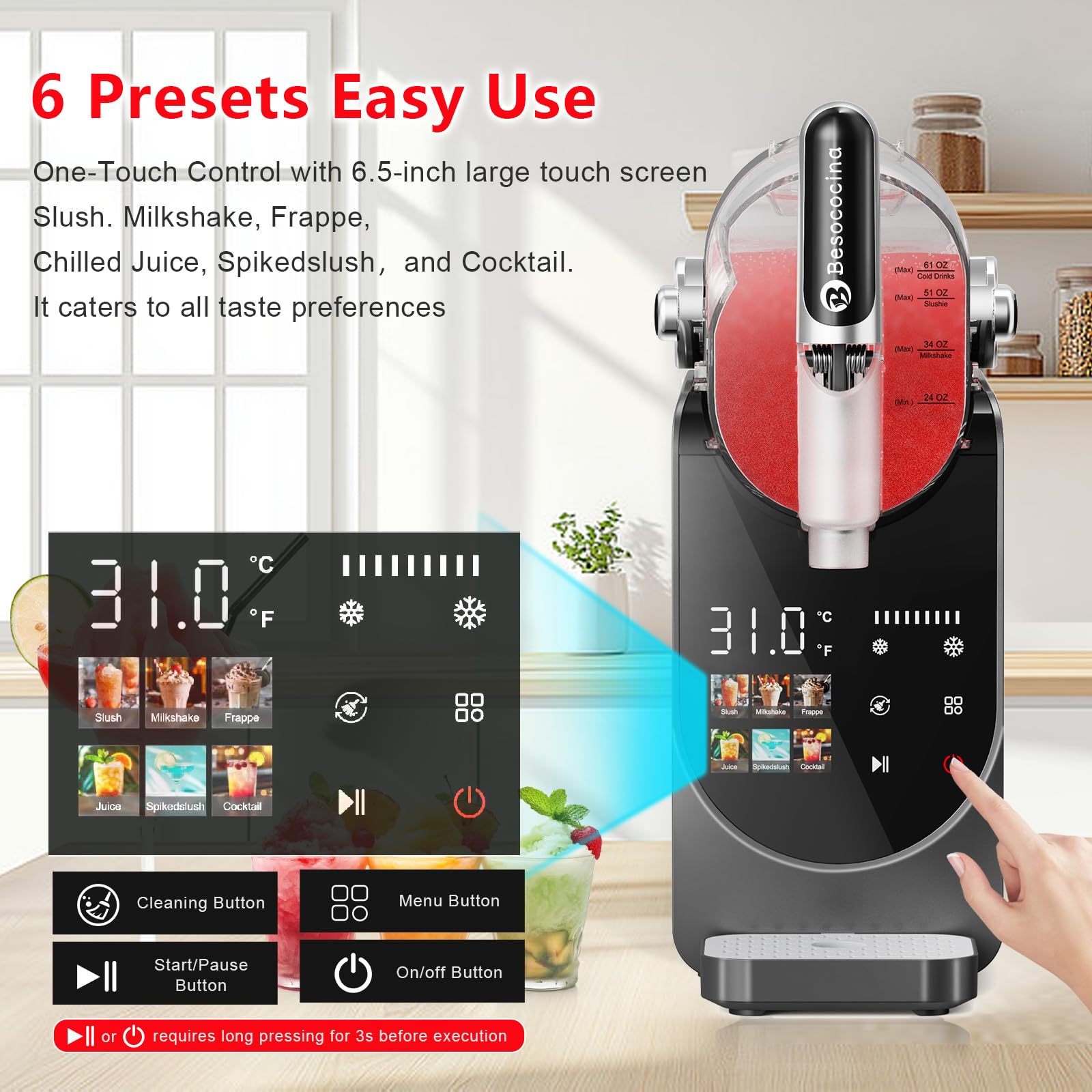 Slushie-Maschine 2,381.4 g, Slushy Maschine für Zuhause, Gefrorene Getränkemaschine mit One-Touchscreen, 6 Programme, Auto Clean, Spülmaschinenfeste Teile