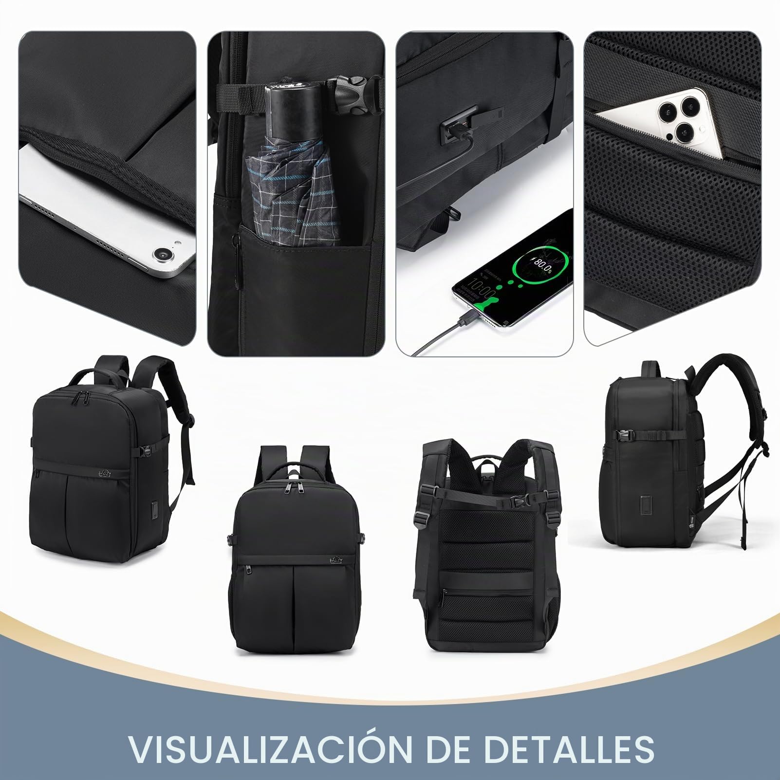 BAGZY Mochila de Viaje Cabina 40 x 20 x 30 Wizzair Hombres, Maleta Cabina Impermeable Mochila Portatil 15.6 Mochila de Viaje Cabina Maleta de Mano con Puertos USB para Trabajo, Viajes y Estudiantes