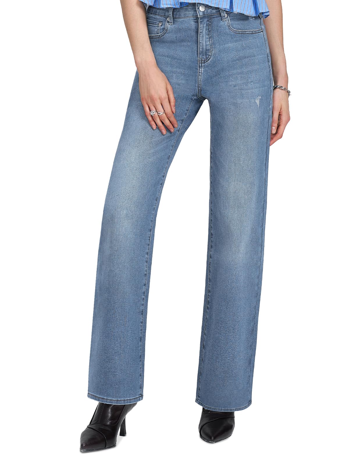 Jeans Damen,High Waist Stretch Straight Cut Jeans,Wide Leg Boyfriend Female Jeanshose,Gerade Geschnitten Denim Hose
