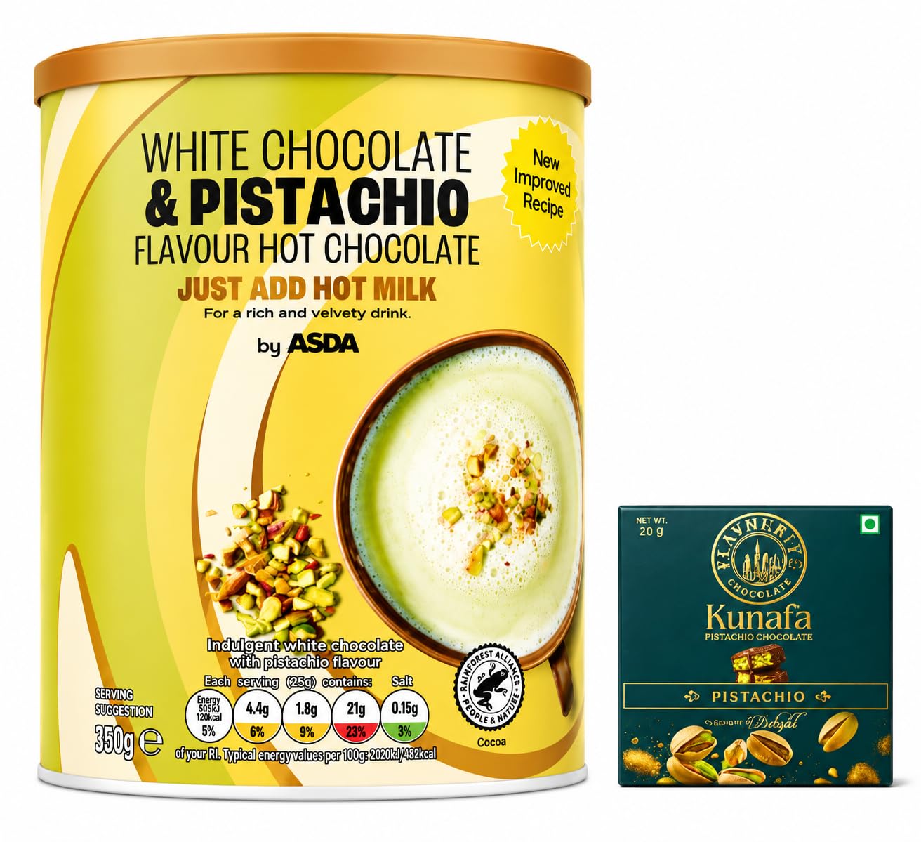 ASDA White Chocolate & Pistachio Flavour Hot Chocolate Powder (imported), Vegetarian, 350g with Free Flavourito Kunafa Pistachio Chocolate Bar, 20g By Decadent Foods-image-31