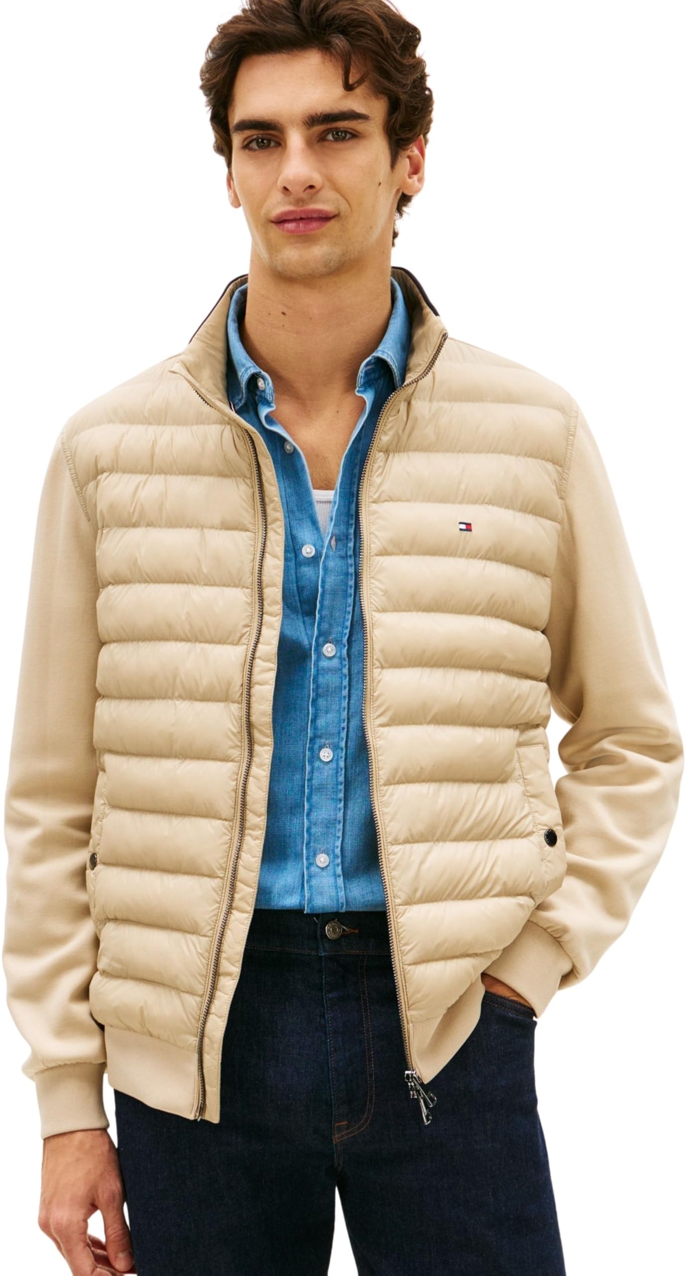 Tommy Hilfiger Herren Sweatshirt mit Reißverschluss Mix Media Stand Collar Steppjacke, Beige (Sandalwood), M