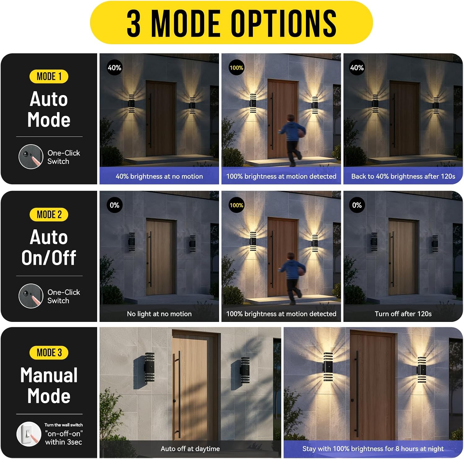 Motion Sensor Outdoor Lights, Dusk to Dawn Wall Lights 16 inch Aluminum Black Up and Down, IP65 Waterproof PIR Security Lights for Garage Porch, 2 Pack