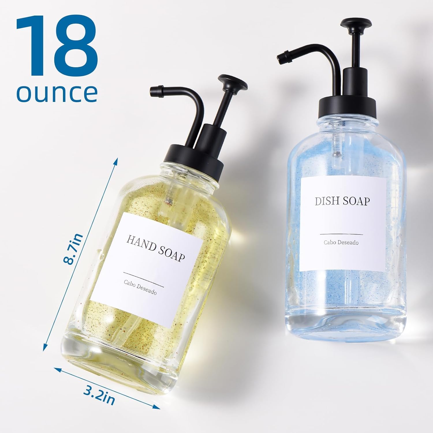 Glass Soap Dispenser with Pump, Dish and Hand Soap Dispenser for Kitchen Bathroom Set, Clear Glass Dispenser Set of 2 Pack with 18 Stickers Funnel Bamboo Tray 500ml 18oz / Each Bottle Sliver Pump - Image 6