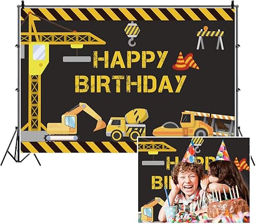 Miniatura 6 de Telón de fondo de fiesta de cumpleaños con temática de construcción, Yeele de 7 x 5 pies, camión volquete de grúa de excavadora, suministros y