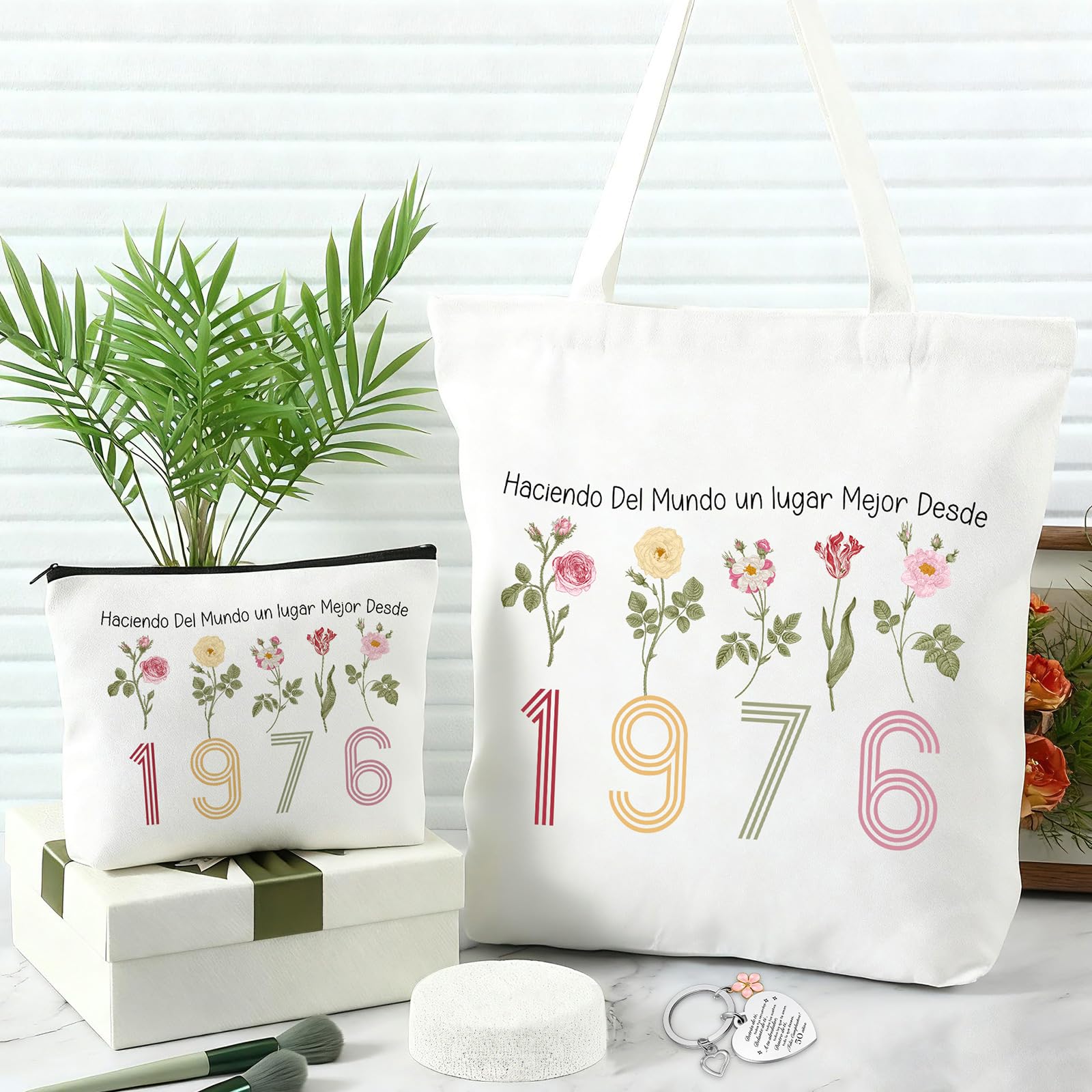 Xuniea Regalo Cumpleaños para Mujer, Bolsa de Maquillaje Arcoíris, Bolsa de Lona, Llavero de Acero Inoxidable, Regalo para Cumpleaños Aniversario Despedida Navidad (50 Años)