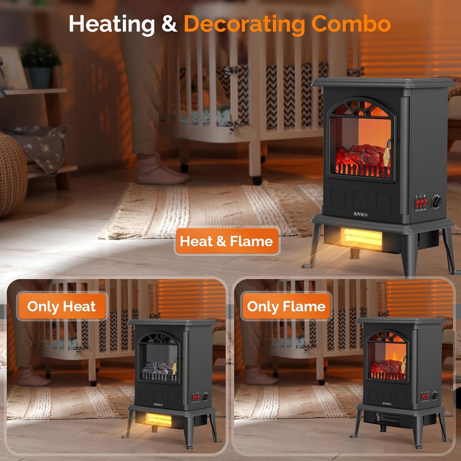 Bonnlo 22.4"H Electric Fireplace Heater w/ 1000W/1500W Adjustable Temperature, Freestanding Fireplace Stove w/ 3D Flame Effect, Overheat & Tip-Over Protections, Suit for Bedroom, Livingroom Indoor Use