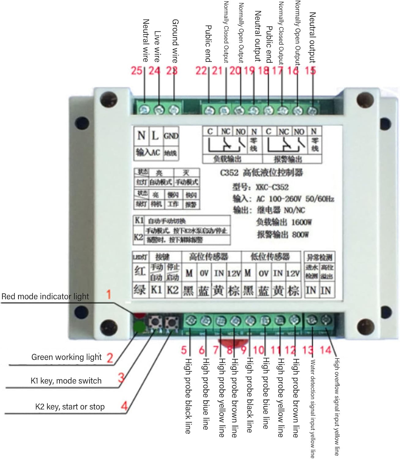 Дууслааview wiring diagram for Topyond Water Level Controller connecting to pump and leakage switch