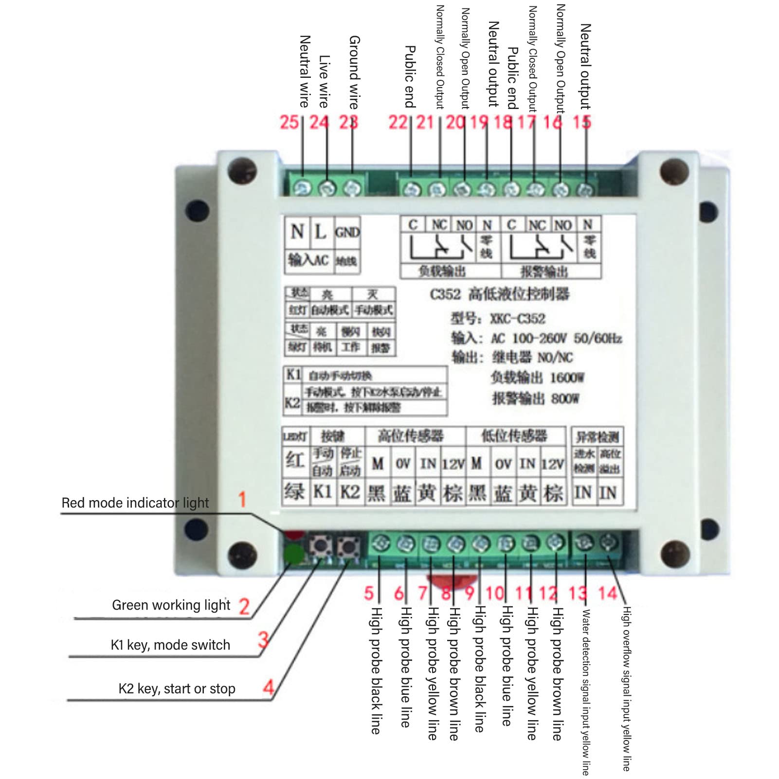 Aramox Contrôleur Automatique de Niveau d'eau, Contrôle Intelligent pour Le Remplissage du Réservoir, Sonde sans Induction, Alimentation Large Tension, Facile à Installer, Soit pour Remplir ou