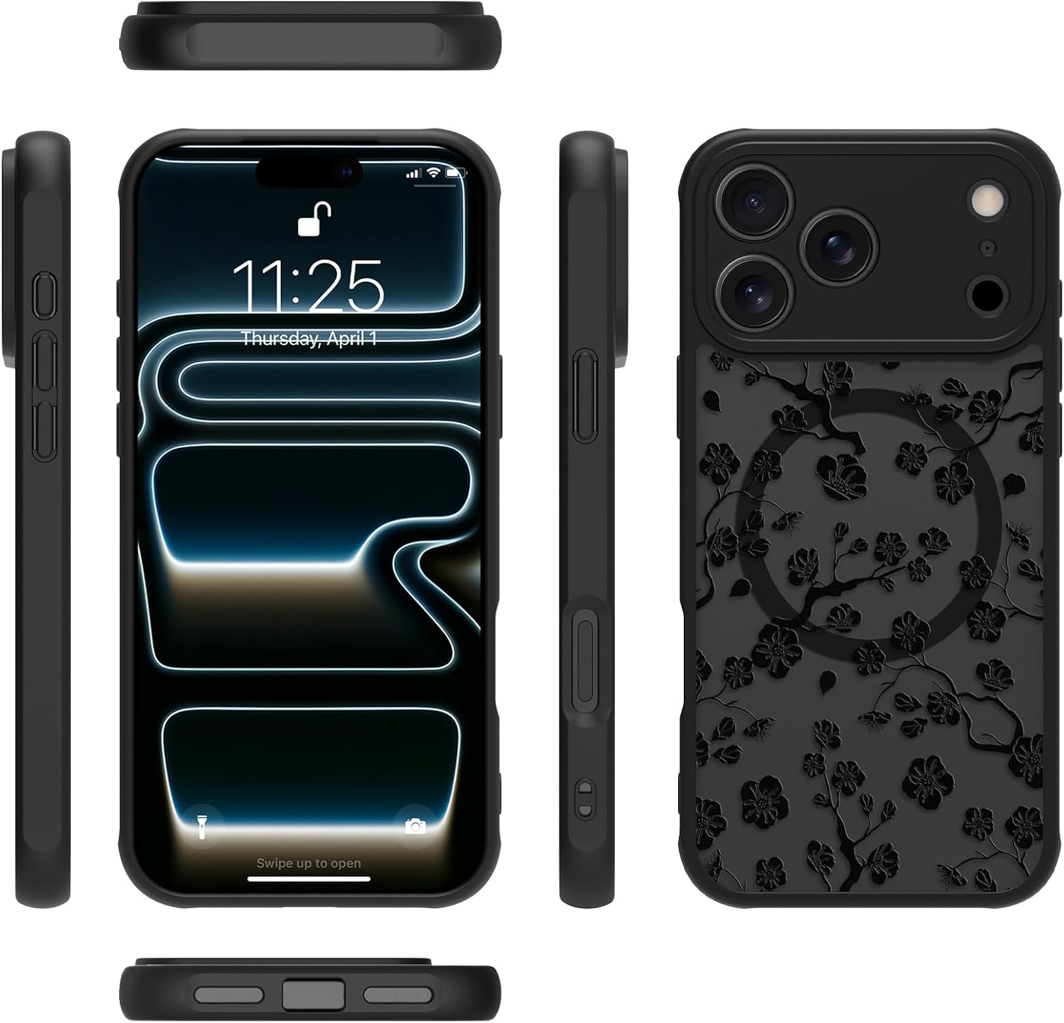 MZELQ Magnetic Case for iPhone 17 Pro Max 6.9 Inch, Clear Floral Flower [Compatible with Magsafe Charging] Translucent Matte Hard Shockproof Camera Protection Cover for Women Men, Frosted Black
