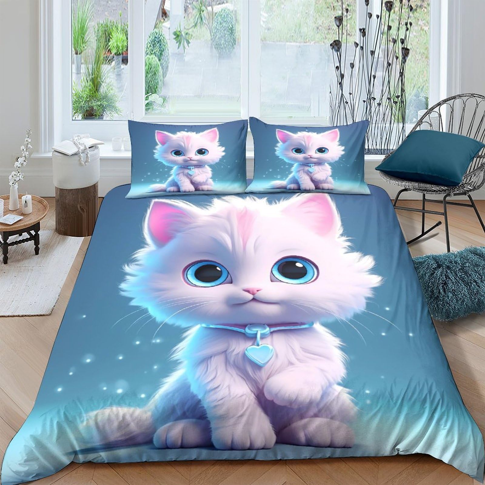 Ctjqhvkz Style-9 3D Printed Cute White Cat Fitted Sheet Microfiber Soft Blue Cartoon Kitten Bed Sheet For Bedroom Guestroom Mattress Decor Single（135X200cm）