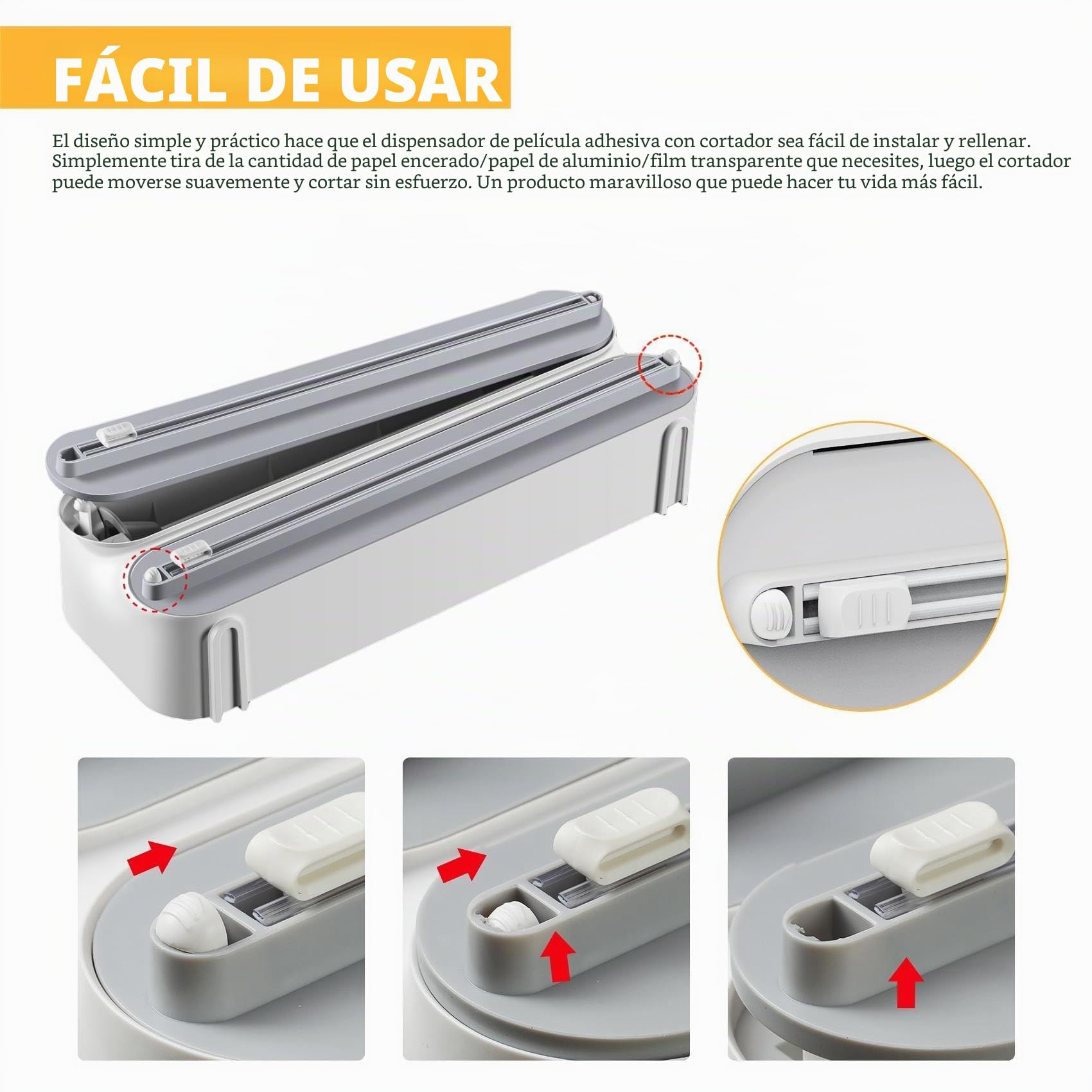 Dispensador Papel Aluminio y Film con Portarrollos Cocina - Organizador Mejorado Magnético de Papel Film Transparente con 50 Metros Film de Plástico, Soporte Papel Cocina 3 en 1, Blanco