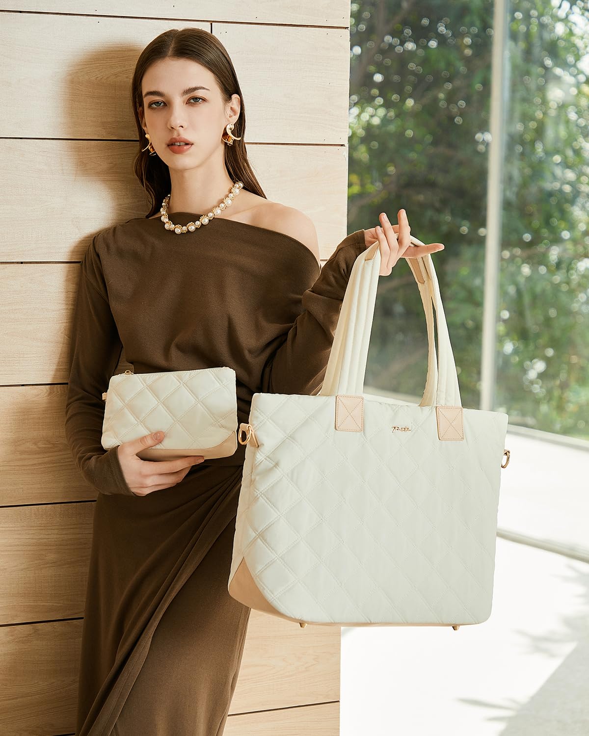 Prite Tote Bag for Women Lightweight Puffer Tote with Compartment Quilted Work Bag(Beige)