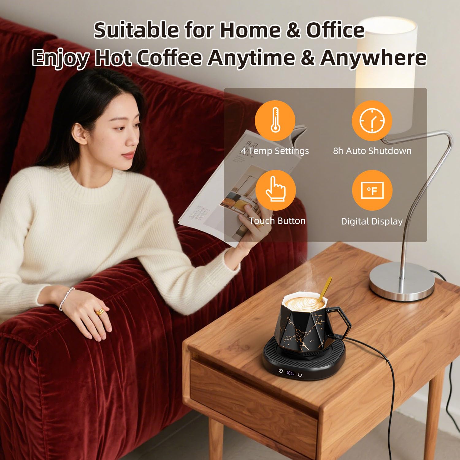 Calentador de tazas de café y juego único de tazas de mármol, calentador de tazas eléctrico inteligente para computadora y oficina, 4 controles de temperatura, calentador de bebidas de café, té y 8
