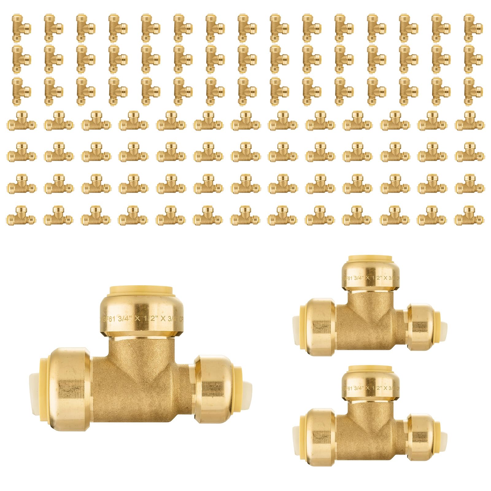 Lot de 100 tés Foskan 3/4" x 1/2" x 3/4", raccords en Laiton LF, Connexion Rapide pour tuyaux PEX, cuivre, C et PE-RT, avec Clip de déconnexion pour réparations de plomberie