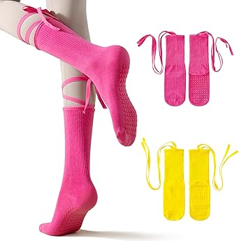 Womens Pilates Yoga Toe Socks with Grips Non Slip Cushioned Crew Socks Mid Calf for Barre Ballet