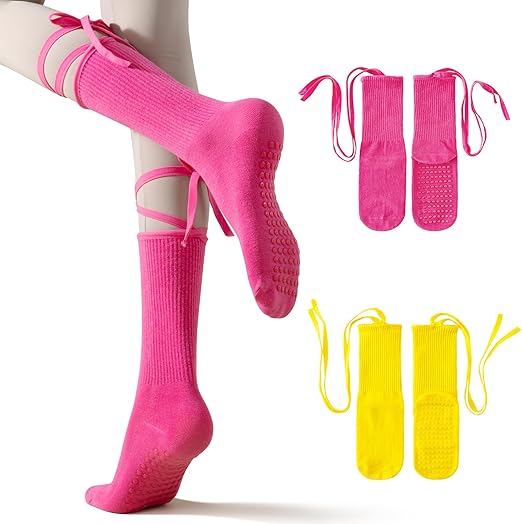 Womens Pilates Yoga Toe Socks with Grips Non Slip Cushioned Crew Socks Mid Calf for Barre Ballet