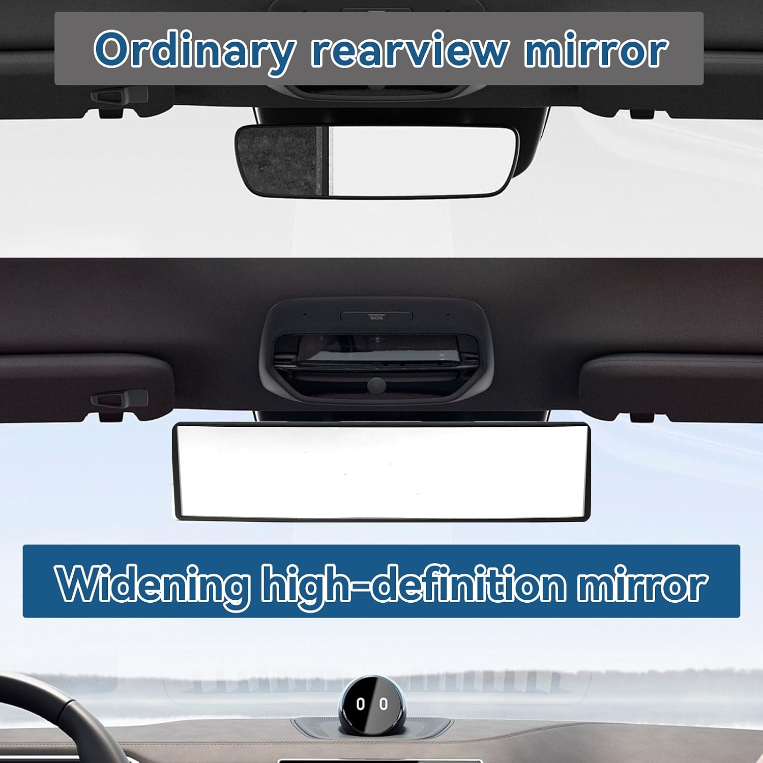 Curved Rearview Mirror, 11.34" Universal Panoramic Interior Clip-On Convex Wide Angle Mirror with HD Glass to Reduce Blind Spots, Improve Safety and Provide Clear Vision for Cars SUVs and Trucks