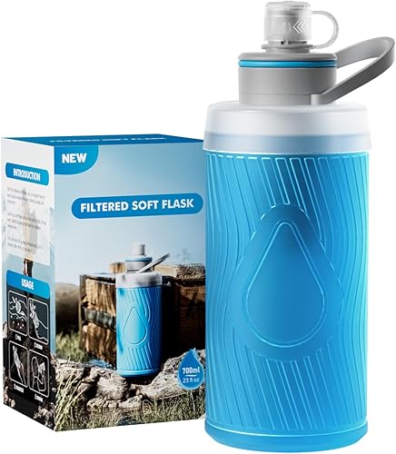 SurviMate Botella de filtro de agua plegable de 23.7 fl oz, botella filtrada de agua exprimible, sin BPA, filtro de agua de supervivencia de