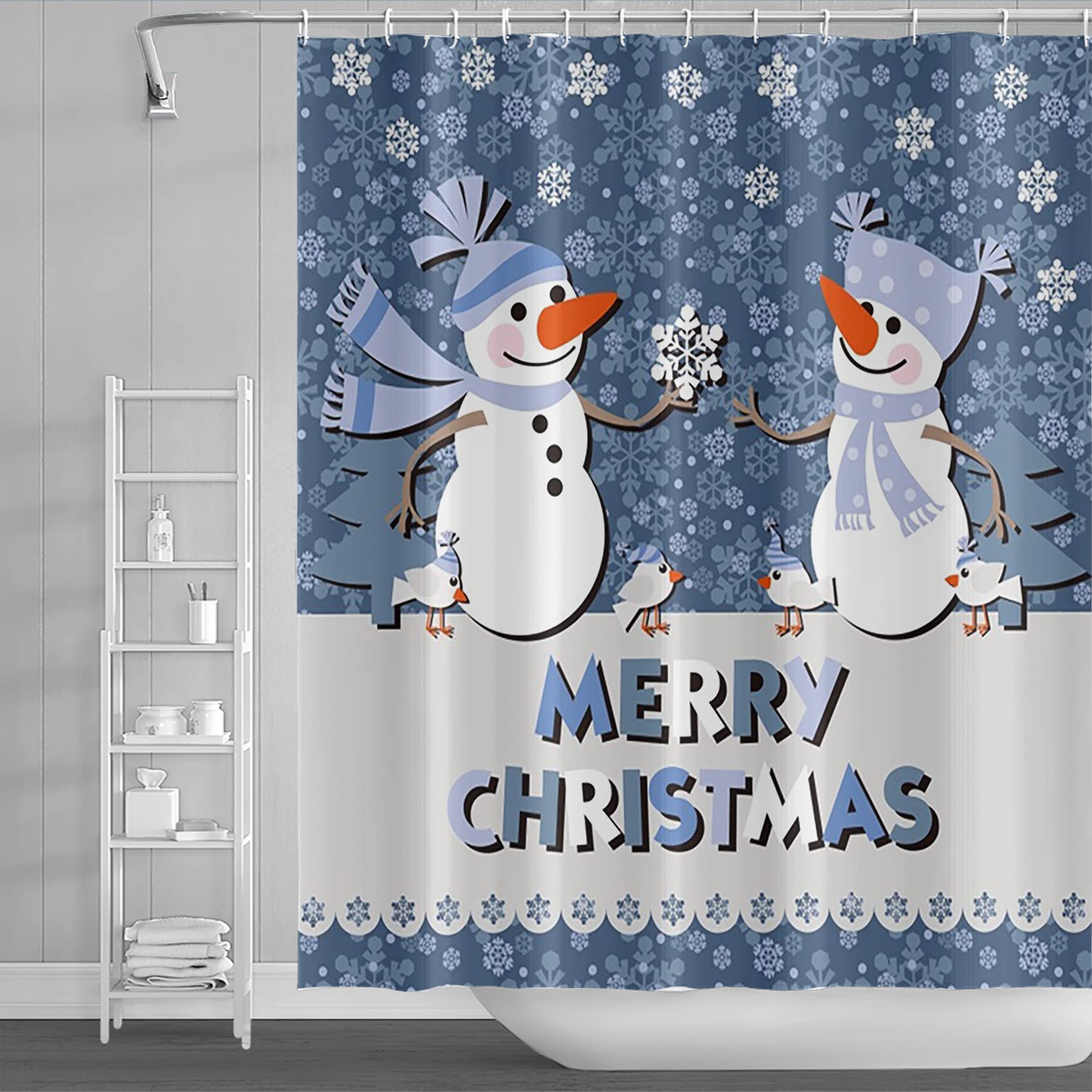 Winter-Weihnachts-Duschvorhang Mit Schneemann & Kardinalen – 180x180 Cm, Polyester, Wasserdicht, Mit Haken