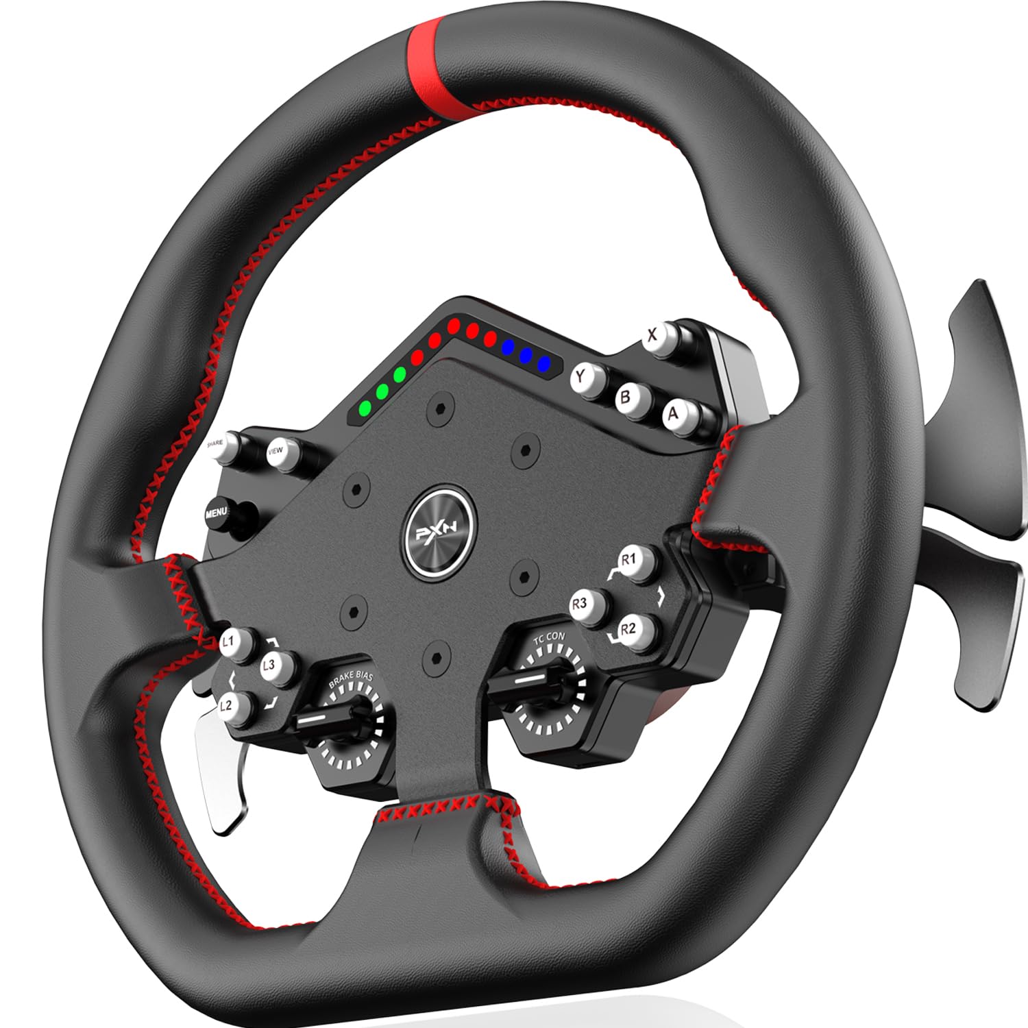 PXN W DS R2 Volante da Corsa – Compatibile con basi Direct Drive VD6 e VD10 – Rilascio rapido, 4 palette, indicatore RGB, pelle in microfibra – 30 cm corona piatta