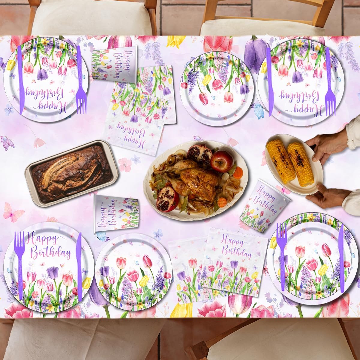 Floral Birthday Party Decorations - 142Pcs Wild Flower Tableware Set - Purple Tulip Plates and Napkins - Mother's Day, Women Birthday Disposable Supplies