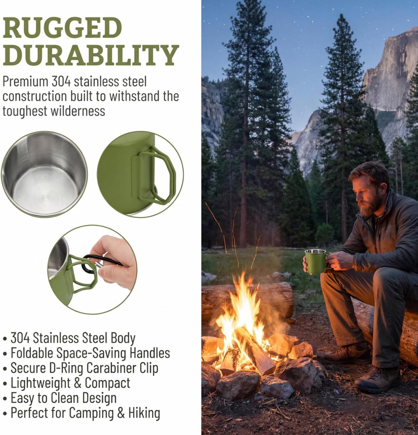4 Pack Camping Mug Set, 12 Oz Stainless Steel Coffee Cups with Fold Handles D Rings, Metal Backpacking Mug Portable Cup for Travel, Hiking, Climbing, Picnic, 4 Colors