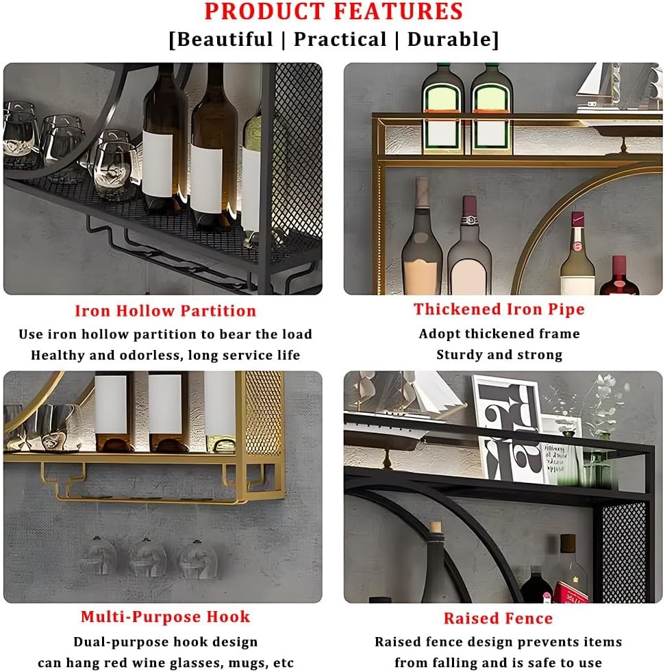 Wall Mounted Wine Rack with Glass Holder - Sturdy Metal Wine Storage, Space-Saving Floating Bar Cabinet for Home, Kitchen, Pub - Available in 3 Sizes (100/120/140cm)