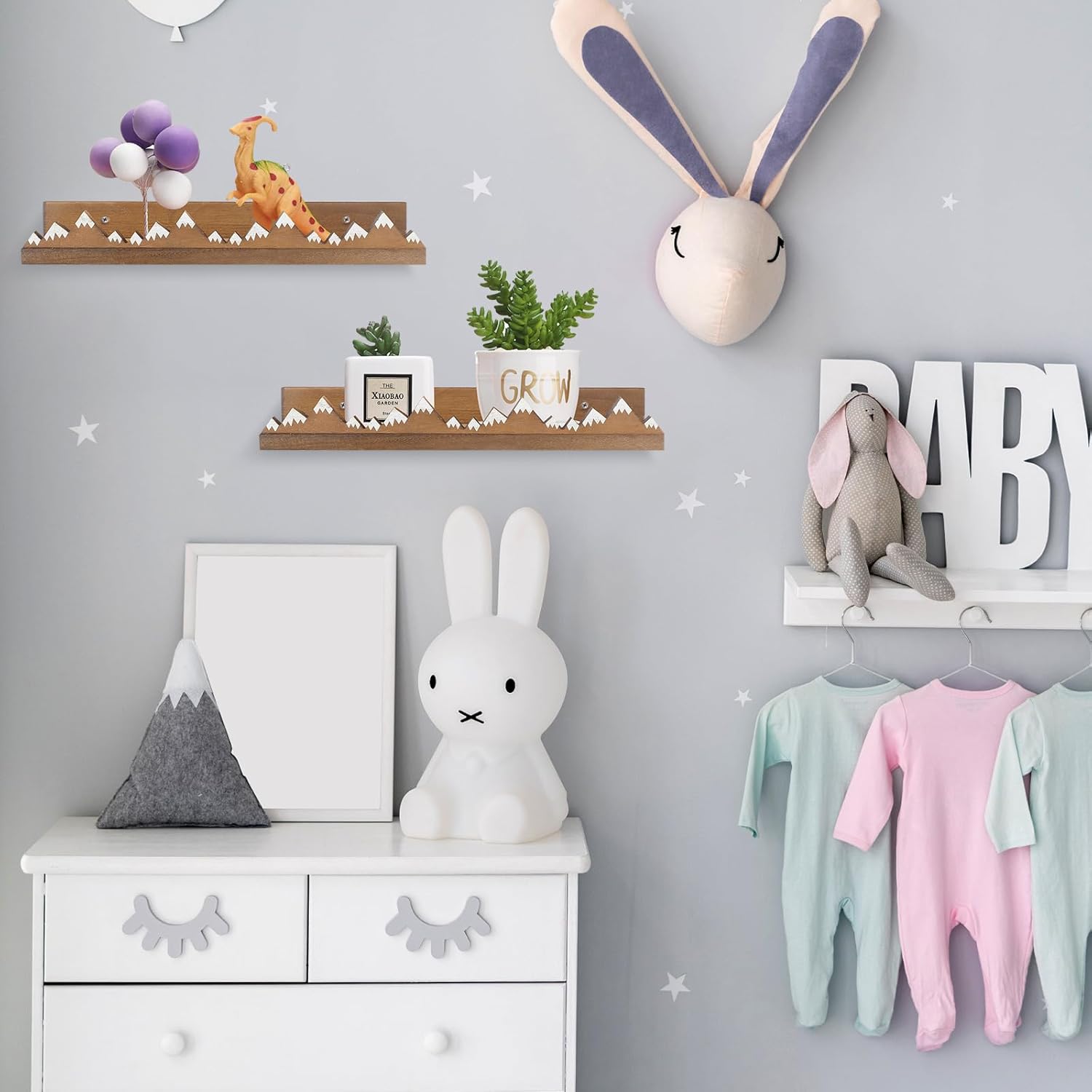 Wenqik 3 Pcs Snow Mountain Floating Shelves Wood Nursery Book Shelves Wall Mounted Rustic Floating Ledge for Kids Room(Dark Brown)