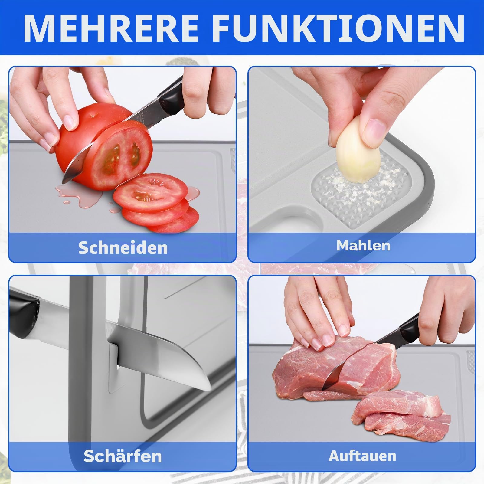 4 in 1 Miracle Melt Auftaubrett, Auftauplatte, doppelseitig als Schneidebrett mit Reibe, Schärfer, schnelles Auftauen von Tiefkühlkost & Fleisch, 36 x 24 cm, Grau