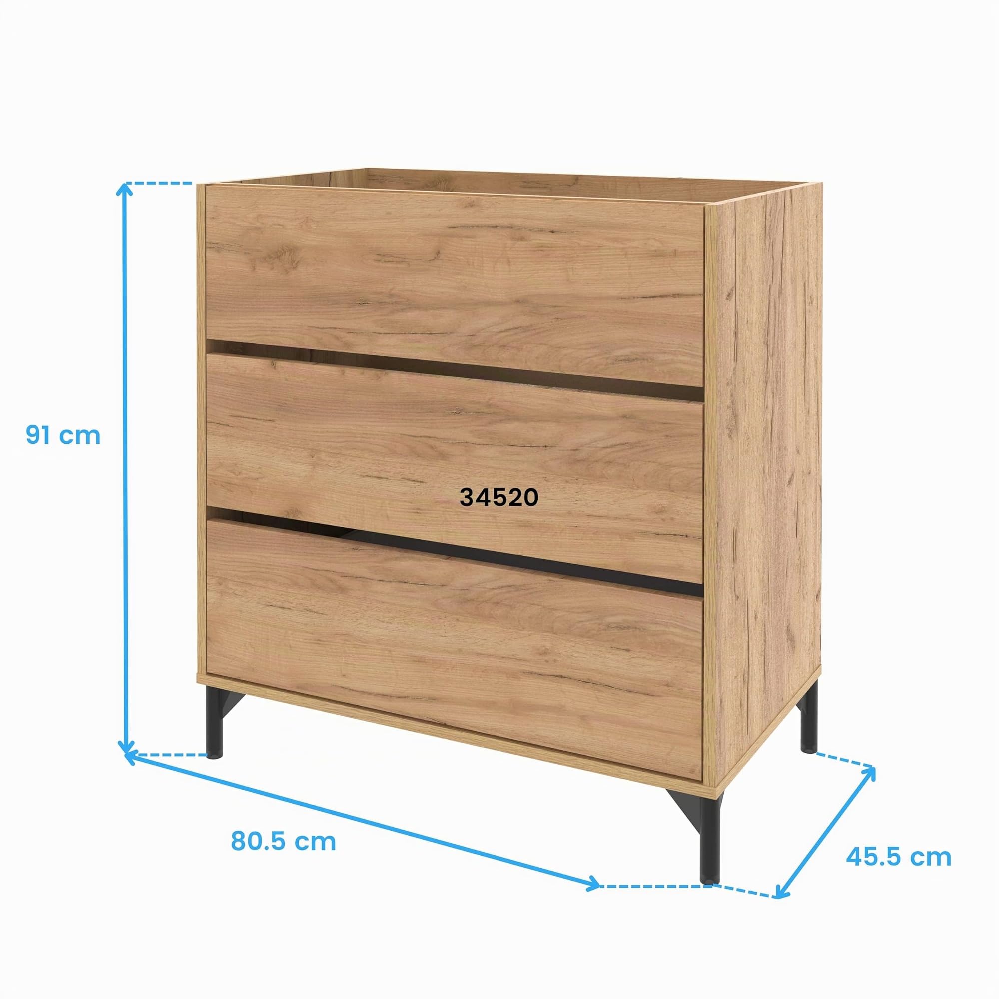 Miroytengo Mueble de Baño para Lavabo 80 cm Elba 3 Cajones Guías Metálicas Roble Kraft (SIN Lavabo)