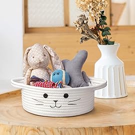 HiChen Small Woven Basket, Cute Cat Toy Basket for Living Room, Decorative Nursery Bin for Toys, Diapers, Empty Gift Baskets for Baby, White, 9.8 x 4 inches