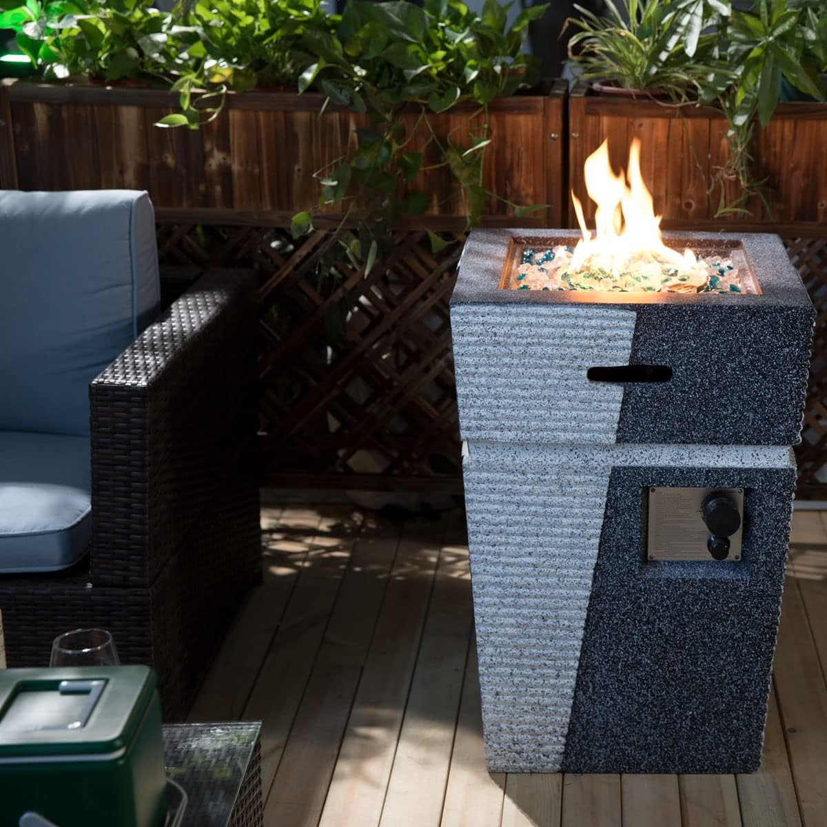 20" Outdoor Propane Gas Fire Pit Table, 40,000 BTU Auto-Ignition Concrete Gas Firepit, Magnesium Oxide Cylinder Design, Side Handles and Cover, Mix Color Glass Rocks