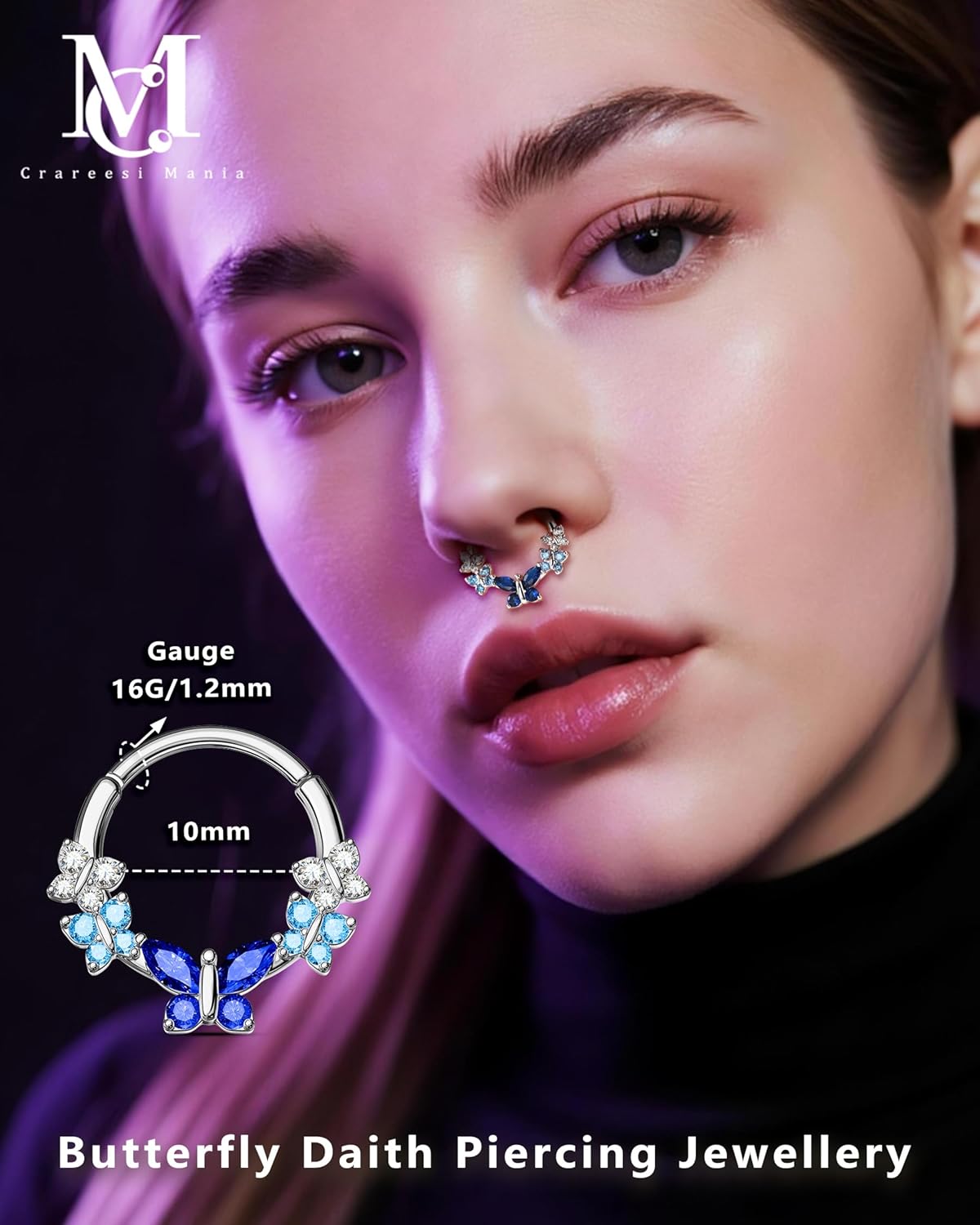 CM Crareesi Mania Spring Septum Rings, Cute Butterfly Septum Piercing Jewelry, 16G Septum Nose Rings for Women, 316L Surgical Steel Blue Daith Helix Earrings Hoop - Image 2