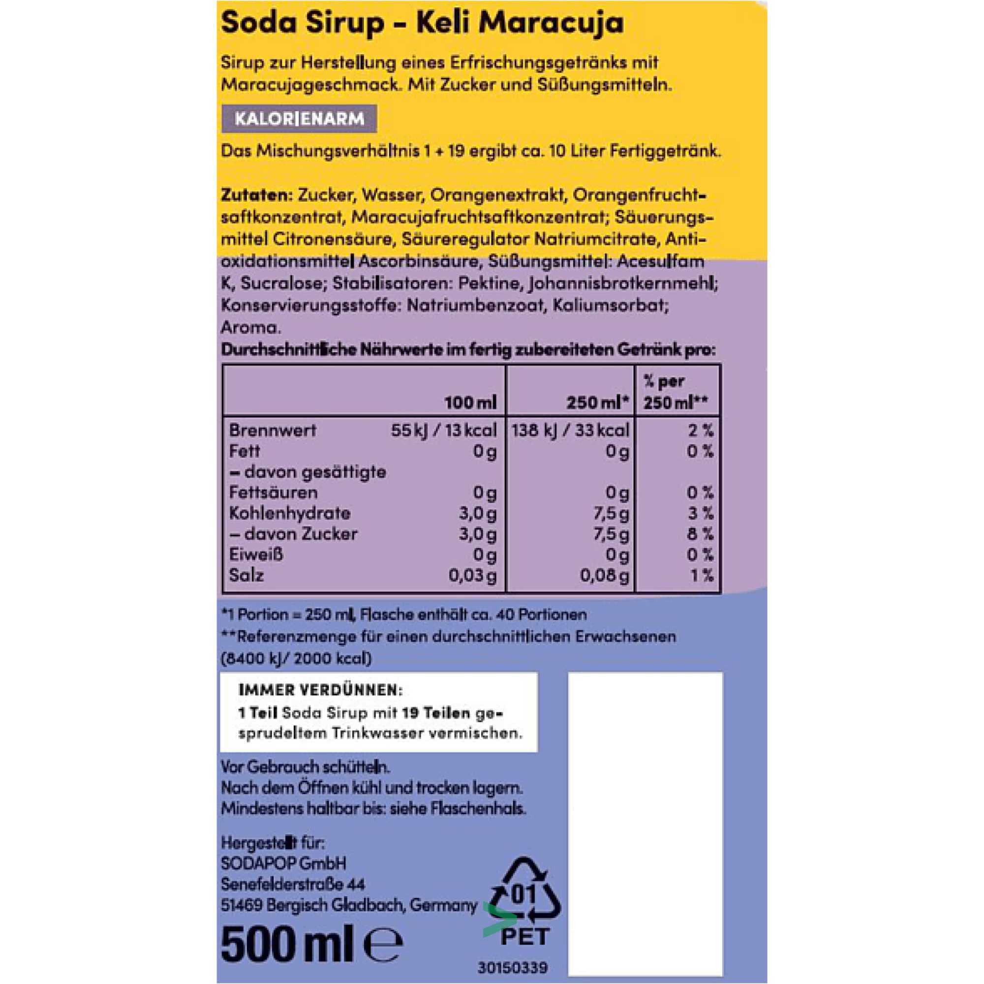 Sodapop Keli Sirup Maracuja für Wassersprudler 6er Pack (6x500ml Flasche) + usy Block