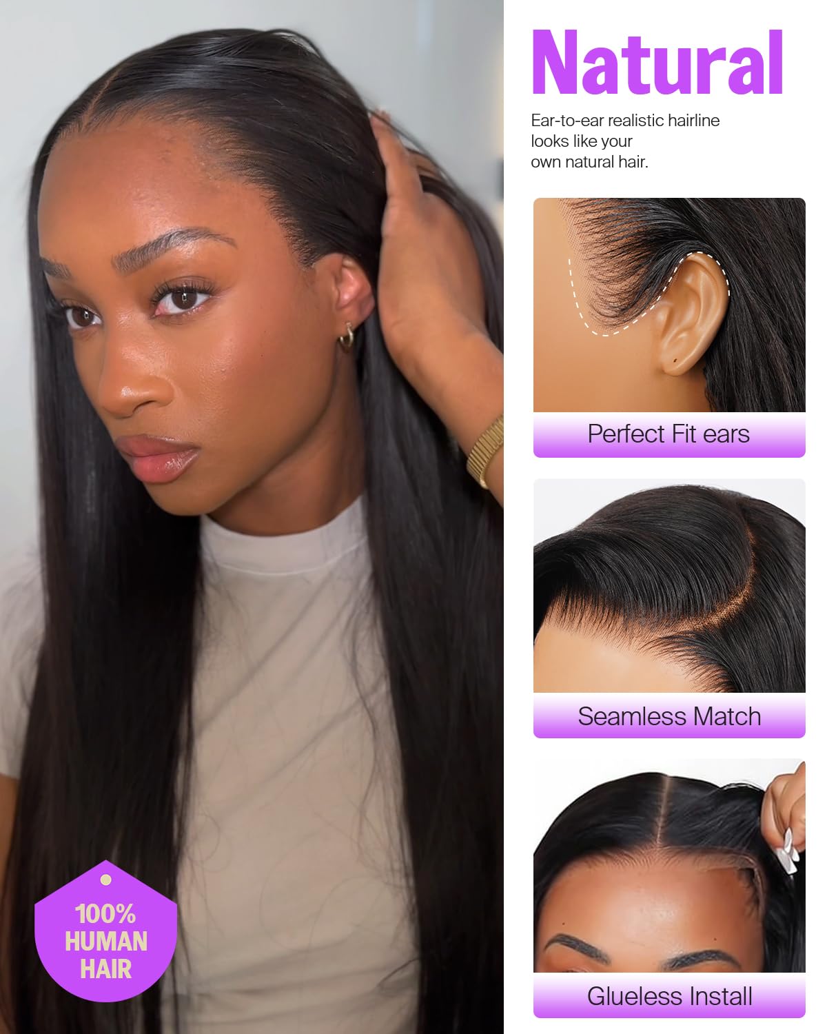 MEGALOOK 13x6 HD Lace Front Wig Human Hair Upgraded Ear-To-Ear Frontal Glueless Wigs Peluca Cabello Humano 12A Pre Plucked Pre-Bleached Pre-Cut Straight Drawstring Wig with Ear Tapes 22 Inch