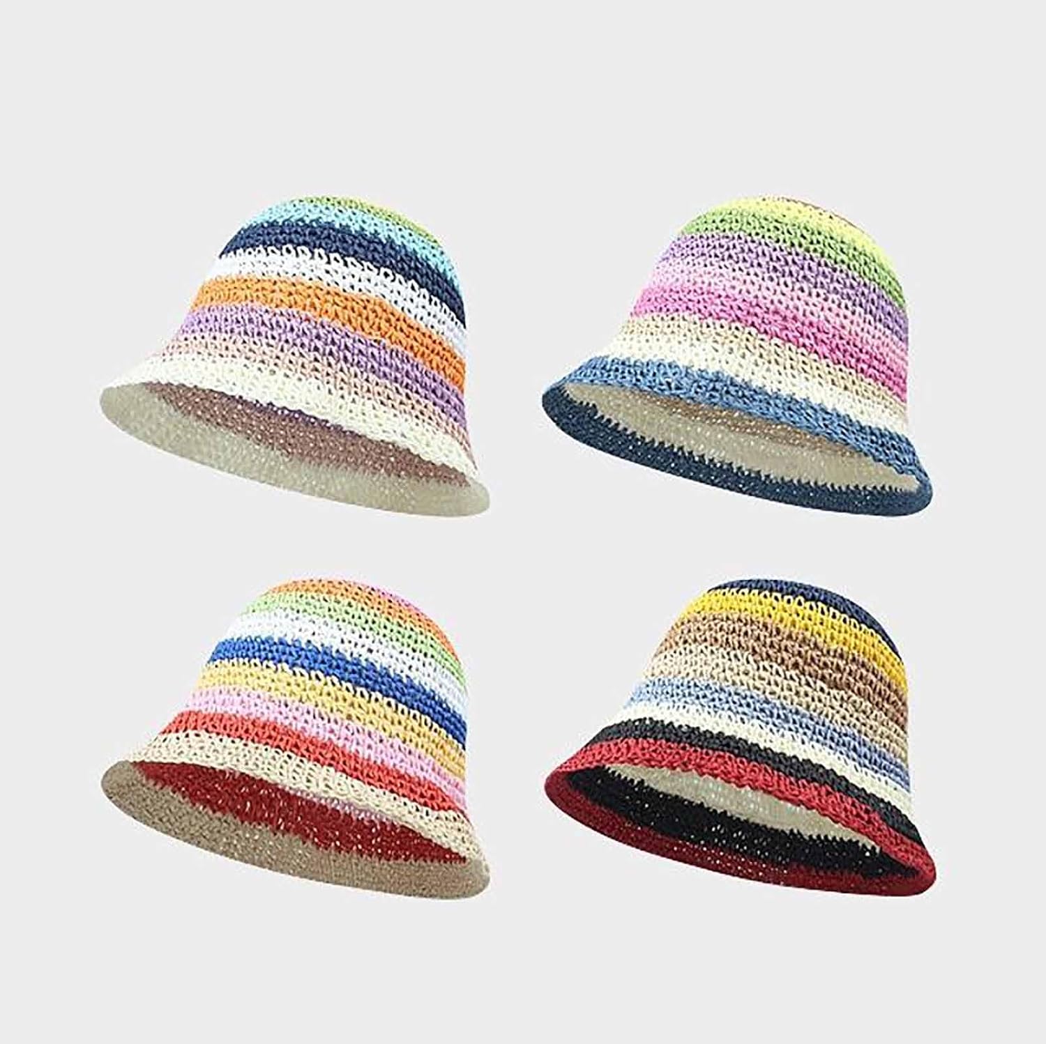 CORIRESHA Women's Rainbow Crochet Sun Straw Hat Handmade Summer Beach Travel Bucket Hat image 5
