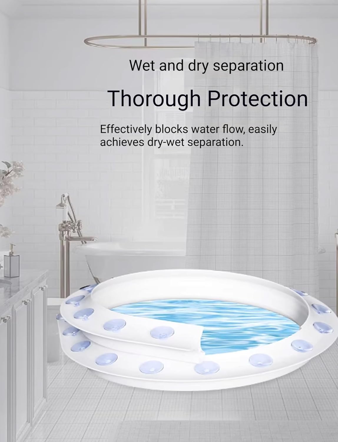 Suction Cup Shower Water Dam Barrier - Silicone Bathroom Floor Seal for Wet Room - Collapsible Shower Retention Water Stopper(100CM/39.4in)