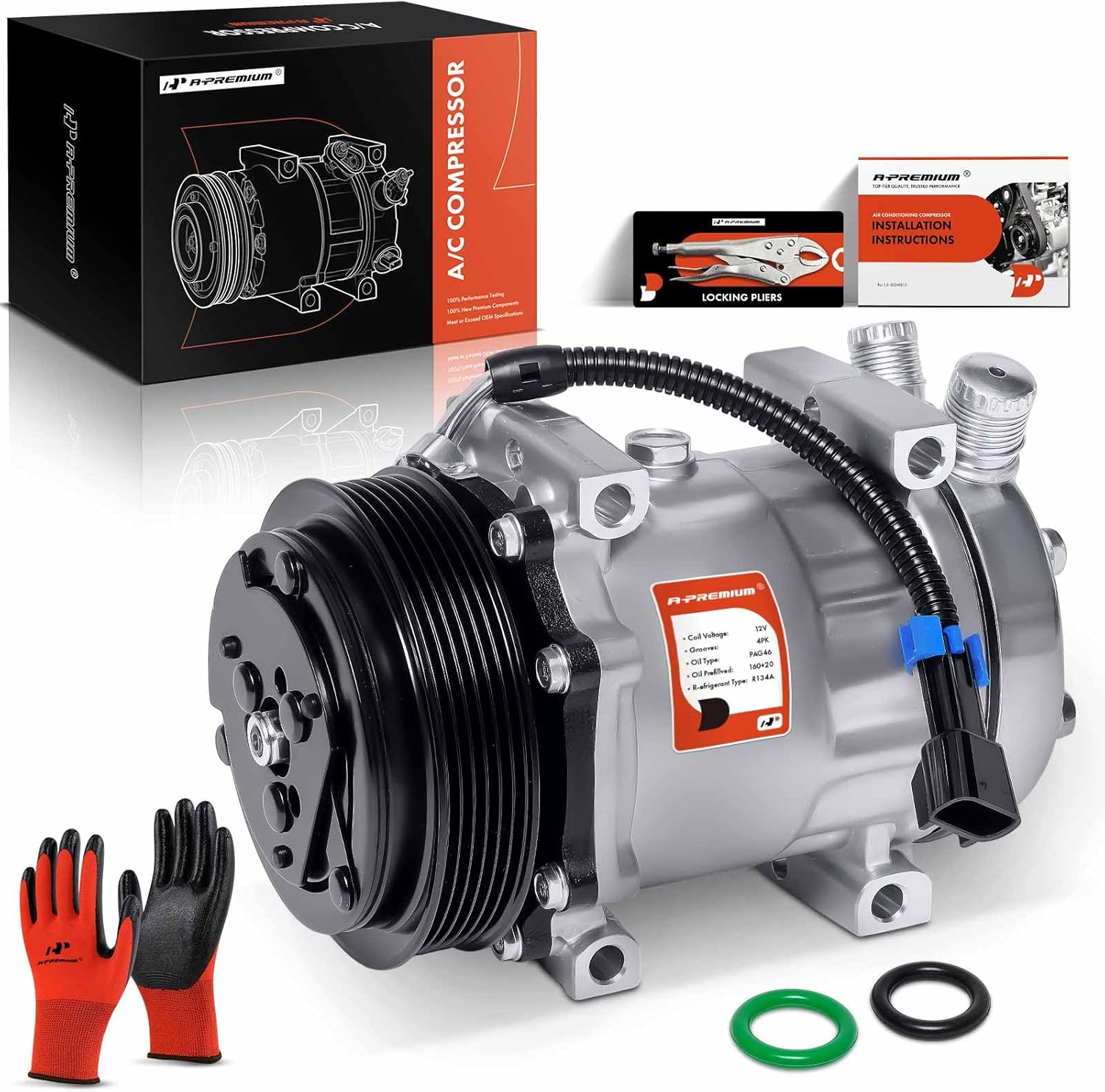 A-Premium Air Conditioner AC Compressor with Clutch Compatible with Caterpillar, Freightliner, Kenworth, Mack, Peterbilt, Volvo Truck, For SD7H15 Compressor, w/2-Pin Connector, 6 Grooves